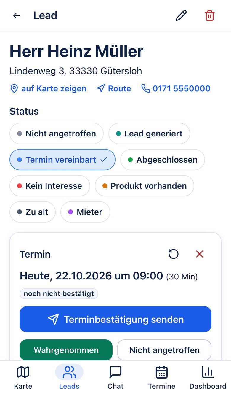 Lead-Detail mit Status, Termin und Fotos